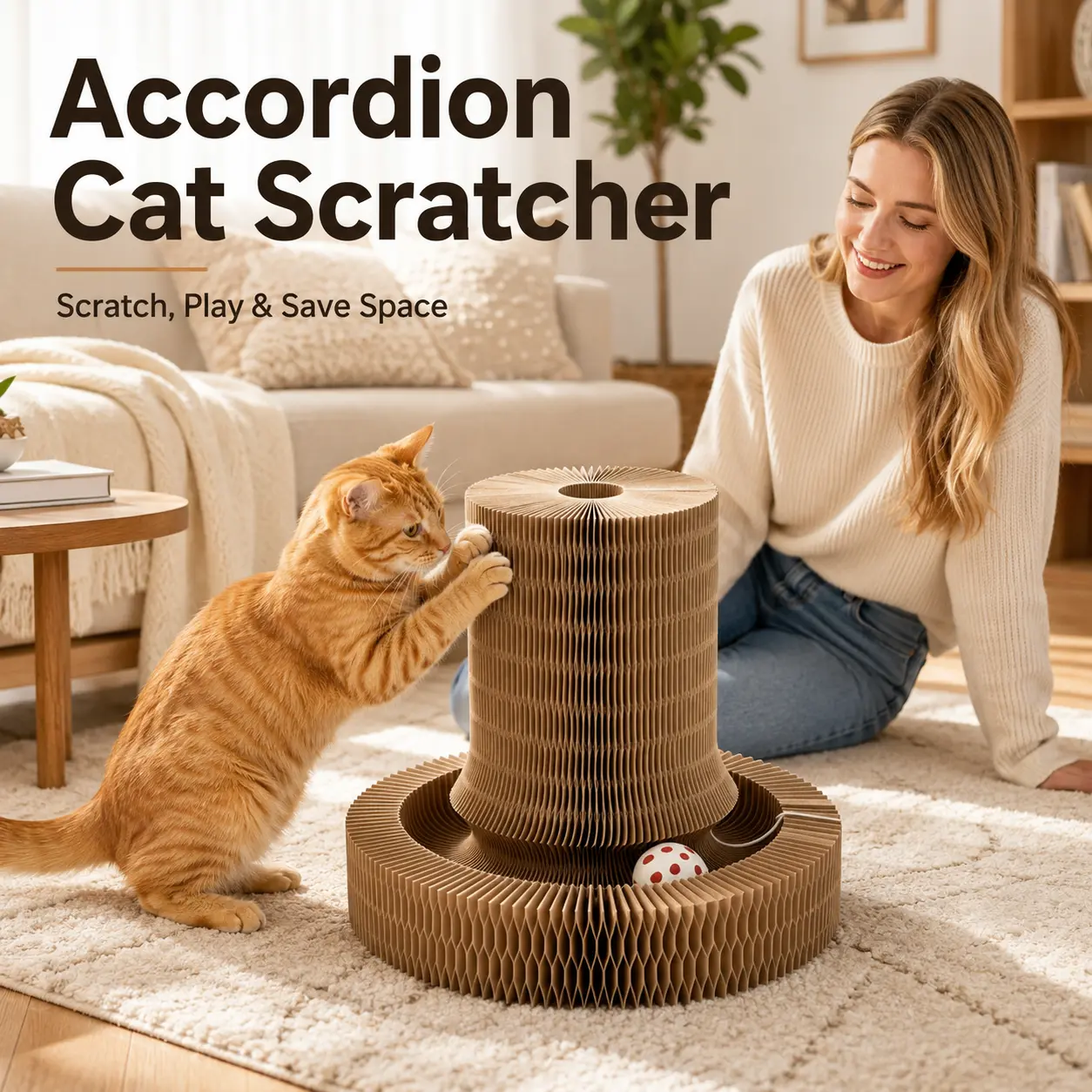 Cat Accordion-Style Foldable Corrugated Cardboard Scratcher Pad with Interactive Ball, 37.5 × 37.5 × 26 cm Space-Saving Art Deco Pet Toy for Bedroom & Living Room (Pairs with Natural Sisal Floor-to-Ceiling Cat Trees), None
