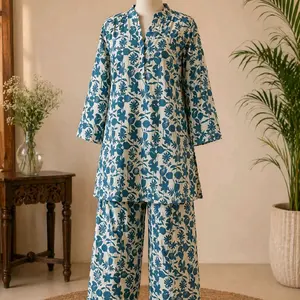 Sapphire Teal and Blue Floral Cord Set - Medium Size 40 - Comfortable and Stylish