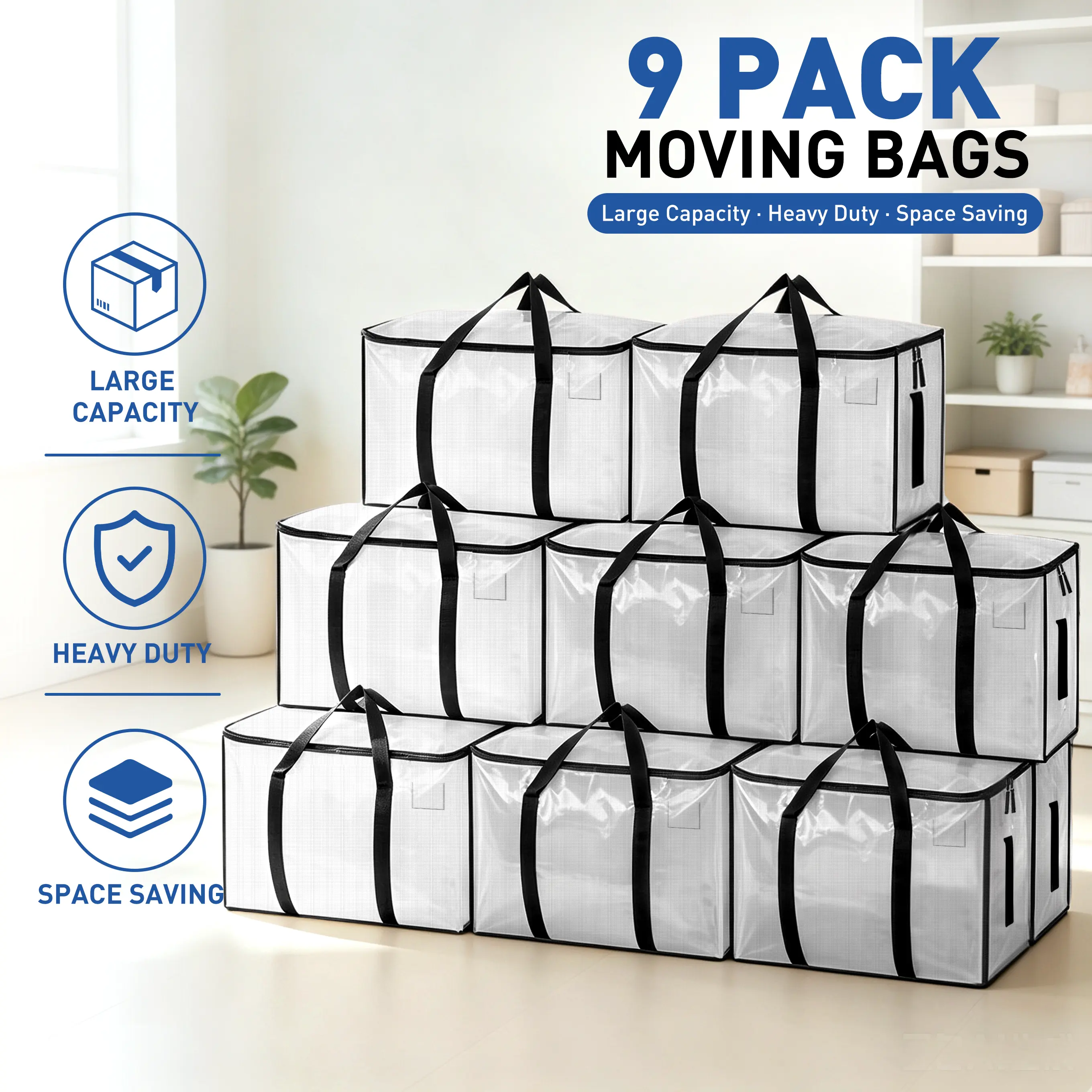 Extra Large Heavy Duty Moving Bags with Handles & Zippers, Foldable Water Resistant Storage Totes for Moving, College Dorm, Closet & Home Organization, 3/6/9 Pack