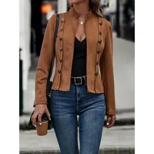 Women's European and American suede jacket, slimming decorative double-breasted jacket Outerwear Dark Brown kam pink jacket