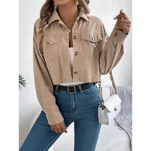 Women’s solid-color corduroy cropped jacket, casual long-sleeve outerwear with pockets and buttons for spring and fall, ladies’ clothing for everyday wear