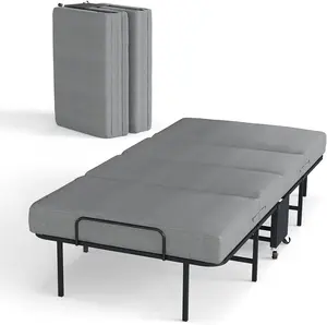 Folding Beds with Mattress, Portable Foldable Bed for Adults, Roll Away Bed Guest on Wheels, Memory Foam Mattress and Metal Frame, Space Saving Fold