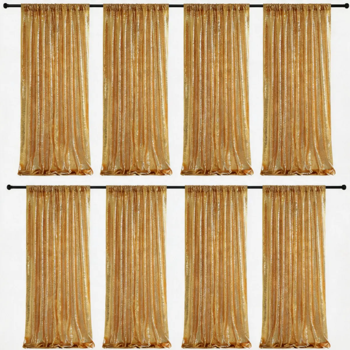 8-Piece Polyester High-Density Gold Glittering Sequin Backdrop Curtains - 2FTx8FT Solid Drapes, Round Light Compatible, for Indoor Photo Booth, Anniversary, Stage Decoration