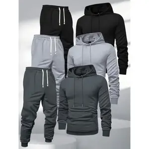 3pcs Men'S Hooded Sweatshirt and Joggers Set, Polyester Sports Tracksuit, Solid Color, Long Sleeve, Slight Stretch Knit Fabric,(Raincoats)