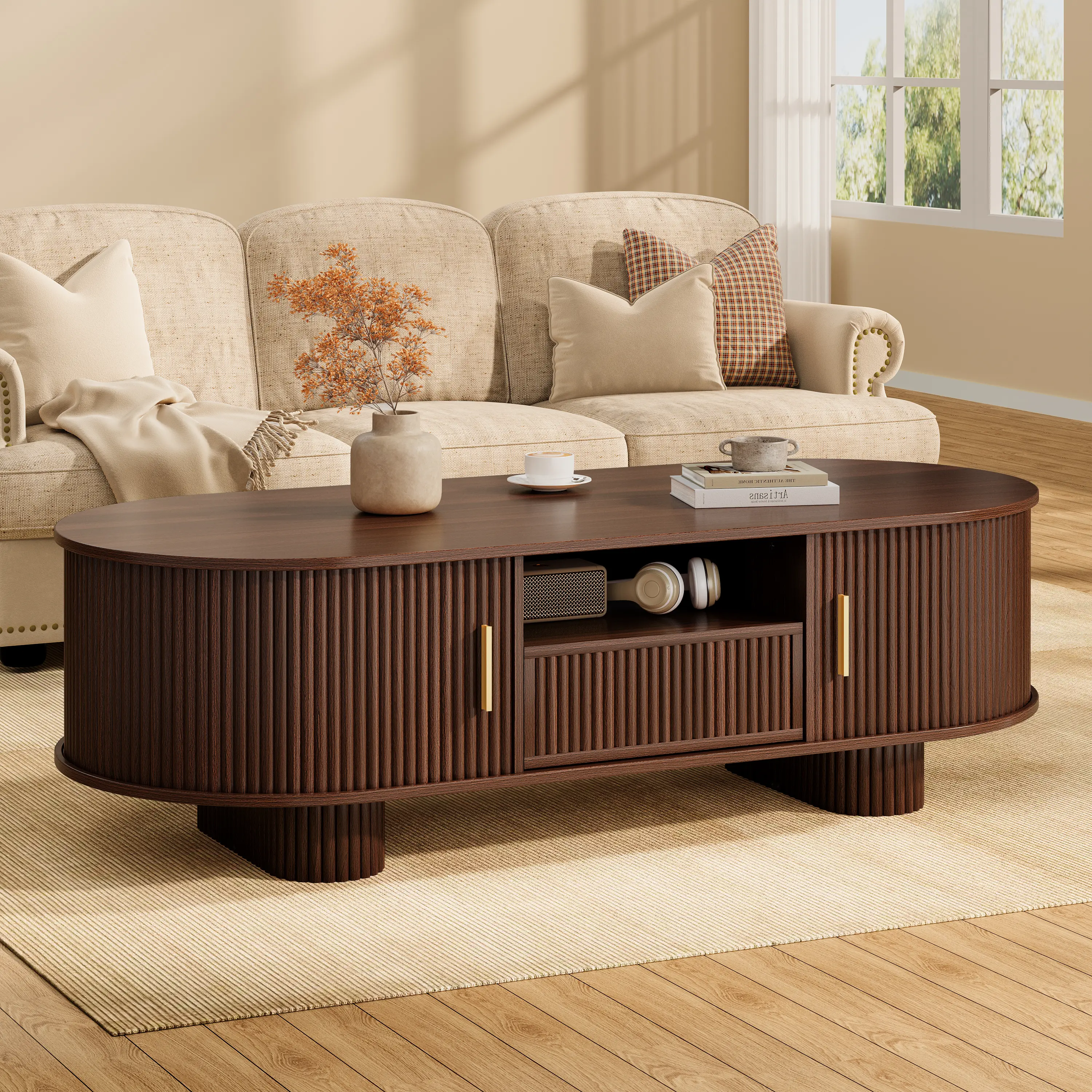 【Deals for You Days】DHH 47.2" Oval Fluted Coffee Table with Drawers & Tambour Sliding Doors, Mid-Century Modern Japandi Center Table, Boho Wood Hidden Storage Accent Cocktail Table for Living Room（Walnut） campingessentials