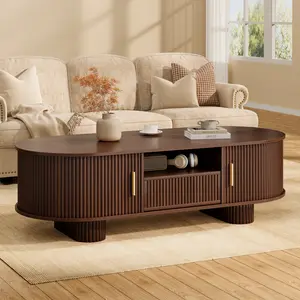 【Deals for You Days】DHH 47.2" Oval Fluted Coffee Table with Drawers & Tambour Sliding Doors, Mid-Century Modern Japandi Center Table, Boho Wood Hidden Storage Accent Cocktail Table for Living Room（Walnut）