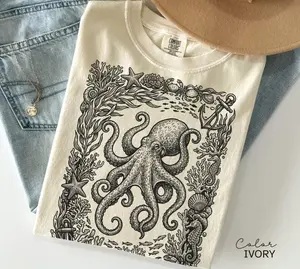 Octopus Nautical Vintage Retro Shirt, Cottagecore T-Shirt, Ocean Animal TShirt, Beach Ocean Shirt, Comfort Colors Tee