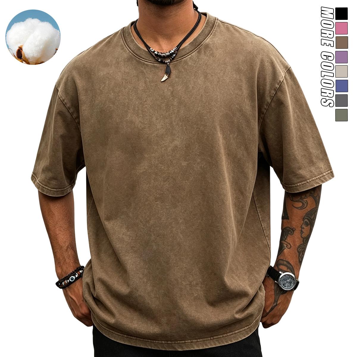 Men’s 4-piece pure cotton crew neck vintage washed T-shirt set — soft, loose T-shirts suitable for casual everyday wear; classic crew neck design.