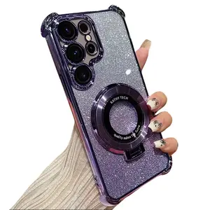 Samsung S26 Ultra phone case featuring shock-absorbing airbags at all four corners, a soft, slim TPU exterior, and a shiny coating, including bling glitter decorations. Compatible with Samsung S25, S24, S23, S22 Edge, FE Plus, and more; a great gift for g