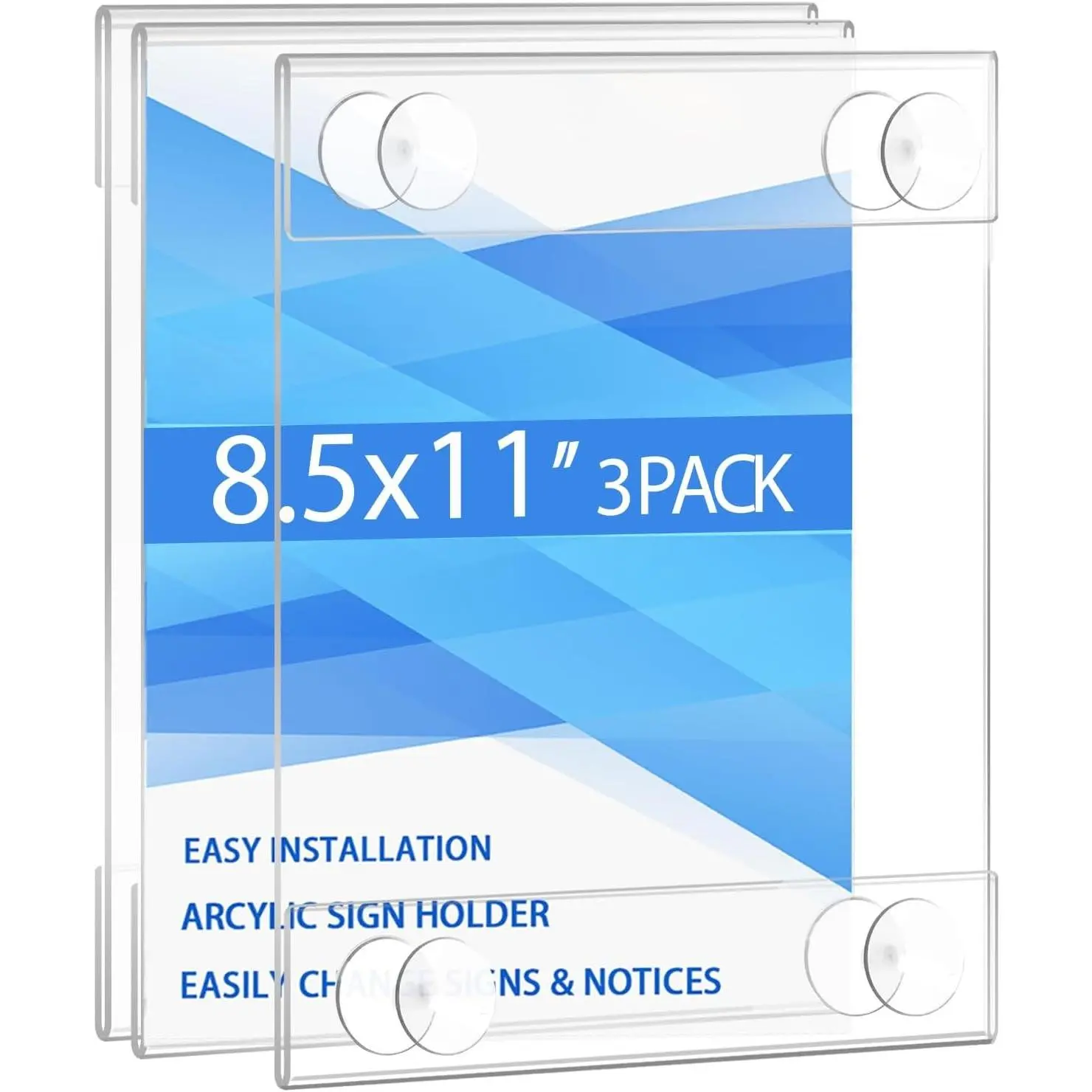 3-Pack 8.5x11 Plastic Letter Size Synthetic Photo Decor Wall Frame - Strong Grip 4 Suction Cups Glass Window Mount Holder for Mall, Library, Display Signs