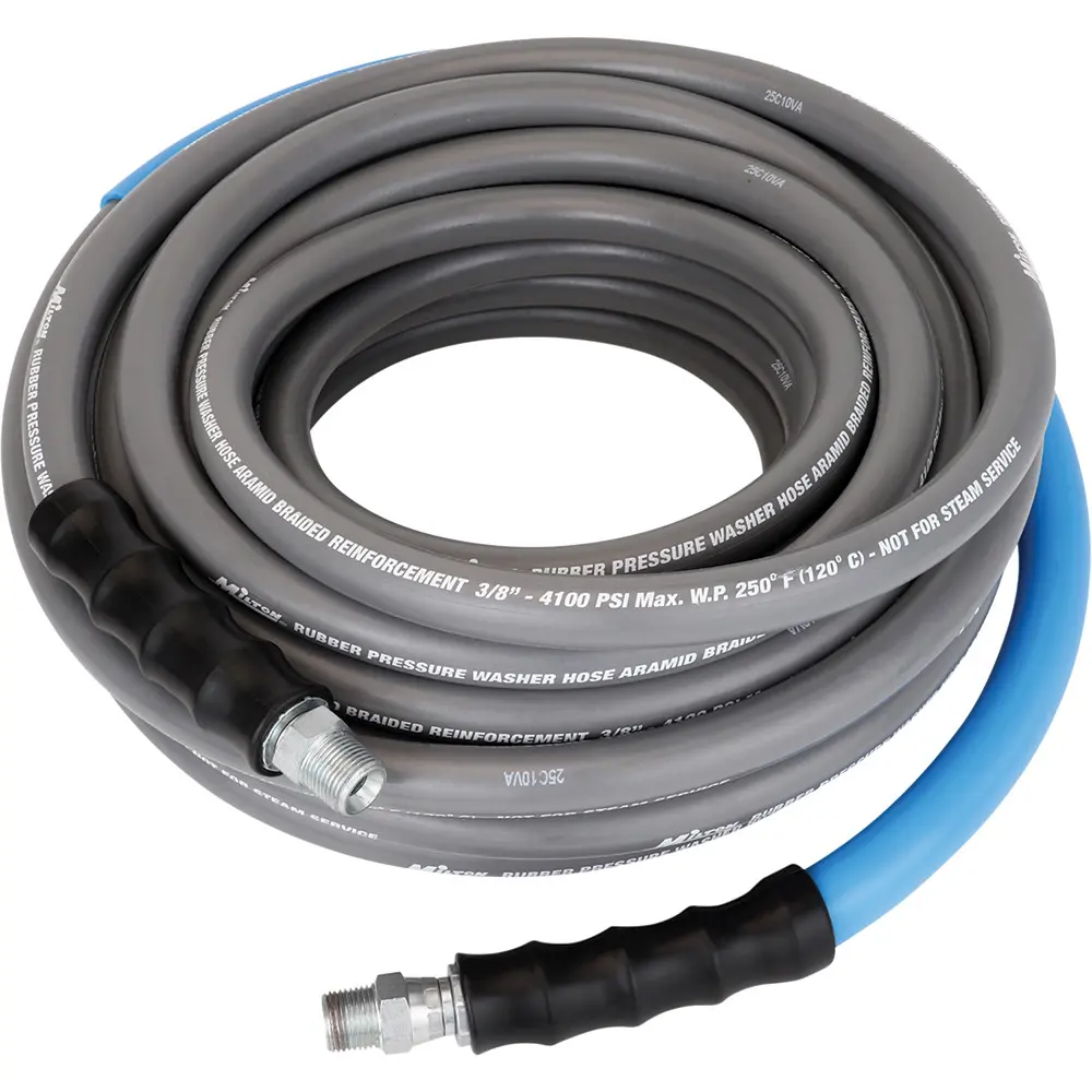 Milton MILPW43850 3/8"x50ft Aramid Fiber (Kevlar) Braided Pressure Washer Hose with 3/8-Inch MNPT Fixed & Swivel Ends Assembly, -20°F to 250°F, Lightweight (35% Lighter), Cold Weather Compatible, Hose + Fittings