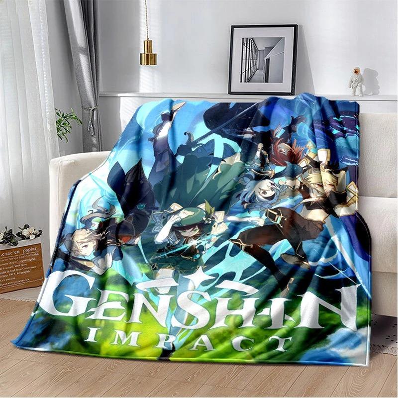 Genshin Impact Game Blanket Ultra Soft Plush Flannel Cozy Warm Bedroom Living Room Couch Sofa Picnic Throw Cover Decor Decorative Throw Perfect Birthday Gift Christmas Gift for Gamers Fans Kids Teens Men Women Anime Style