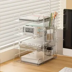 Transparent Plastic File Rack 4 Layers, Office Desktop Multi-Layer Document Organizer, Side Hole Board with Pen Holder, Files Organizer, Desk Organizer Tidy