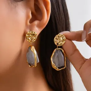 Hammered Gold-Tone Drop Earrings with Navy Blue Stone, Modern Abstract Dangle Earrings, Perfect for Everyday Wear, Office Outfits, Minimalist Chic Style