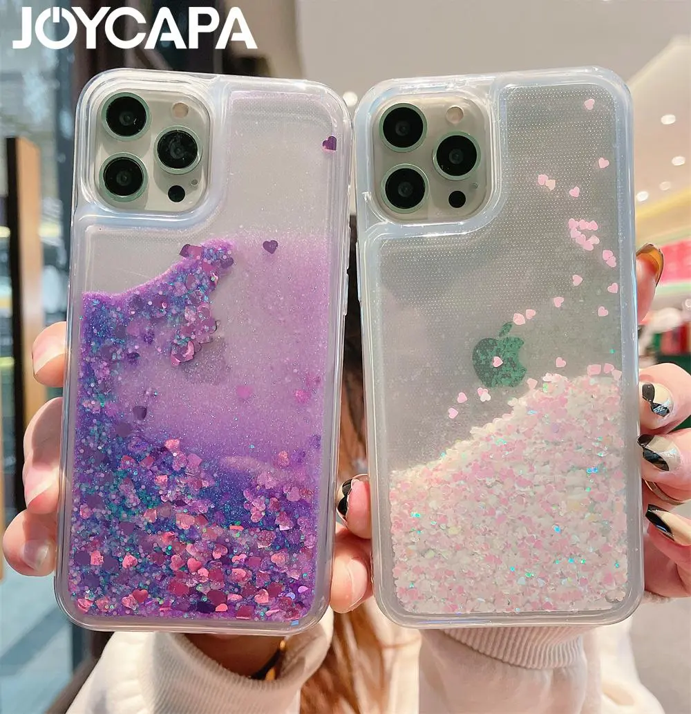 Luxury Love Heart Liquid Glitter Case For iPhone 17 Air 16 15 13 Mini 14 12 11 Pro Max Plus XR Quicksand Clear Bumper Covers
