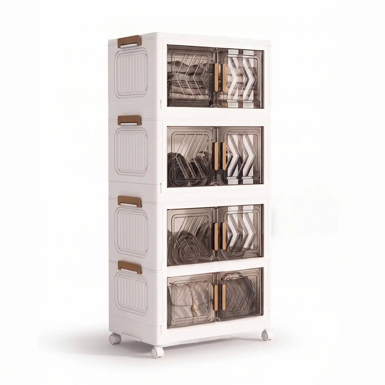 19.7" Wide 92 QT 4 Tier Collapsible Storage Bins with Wheels, Stackable Folding Cabinet Organizer with Magnetic Doors for Bedroom Closet Kitchen