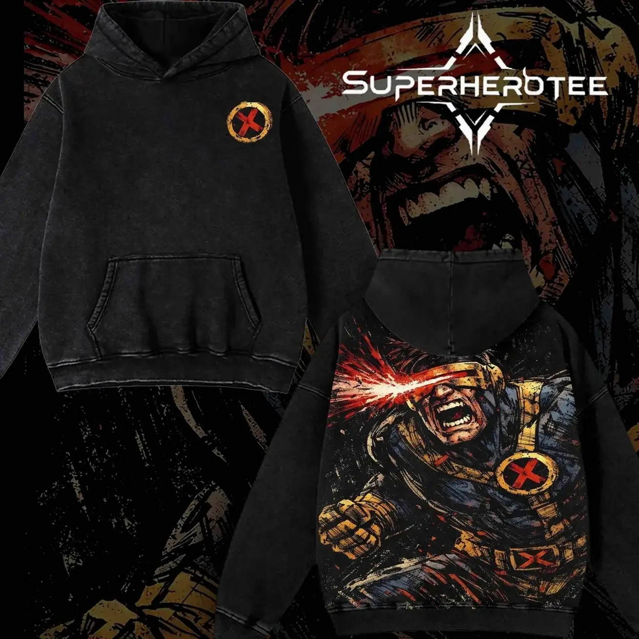 [ superhero hoodie ] Cyclops Special Edition – X-Men Washed Hoodie Acid Wash Vintage Oversized Streetwear Pullover for Men Women, Graphic Design Apparel Gift for Movie Fans LV1