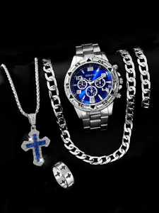 Men's Casual Business Quartz Watch Set, Cross Hollow Ring, Artificial Diamond Pendant Necklace Bracelet, Daily Wear Jewelry