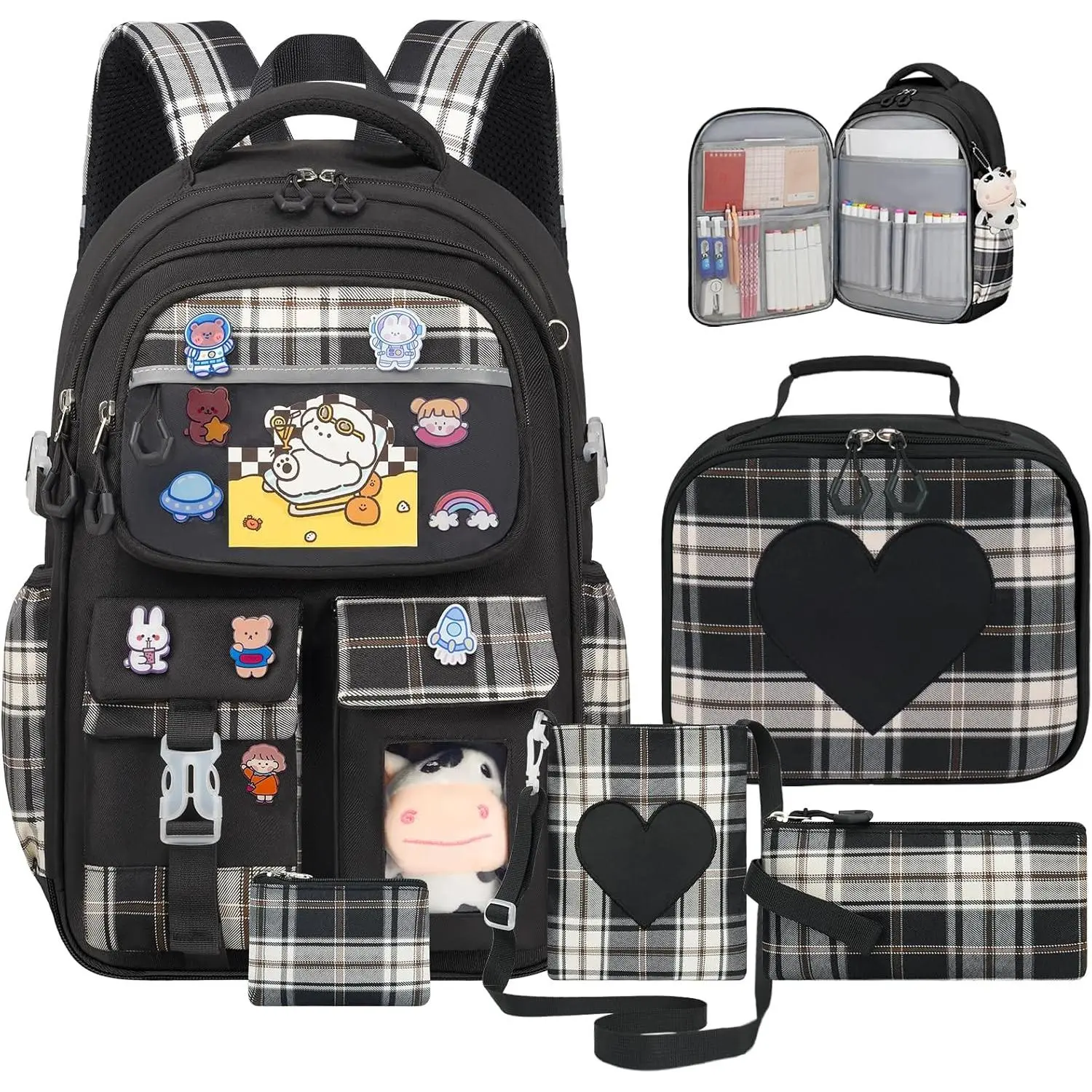 Cute Backpack for Girls, 5 Pack Kawaii Backpack Aesthetic Backpack with Lunch Box Set, Girls Black School Bookbag for  Teen Elementary