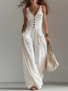 2026 New Women's Jumpsuit, French Style High-Waisted Wide Leg, Sleeveless Loose Fit, Multi-Pocket Workwear