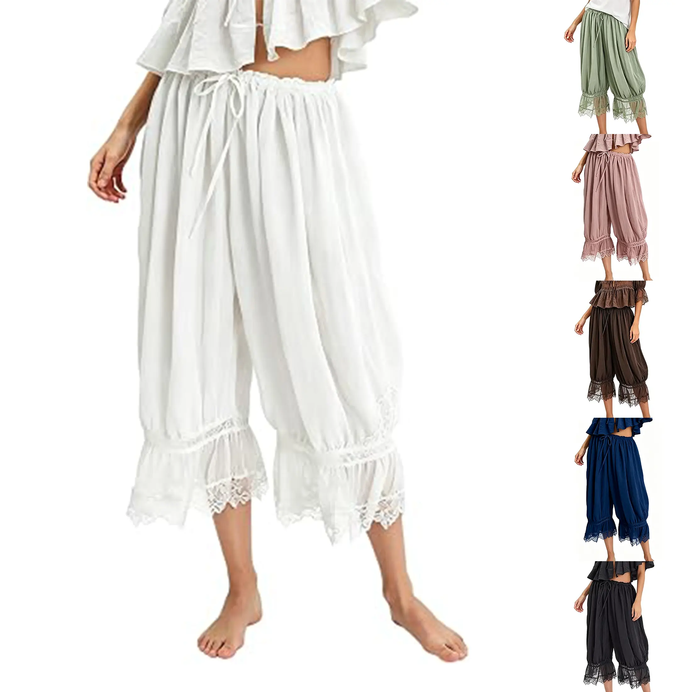 Wandal Women Vintage Lace Ruffle Cropped Bloomers Elastic Mid Rise Loose Pantaloons Boho Crinkled Slip Lounge Pants For Cottagecore Festival Daily Layering Sleep OOTD