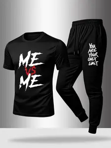 Men's Motivational Sports Leisure Set, Round Neck Short Sleeve Top + Sporty Pants, Street Style, Ideal for Gym, Daily Wear, Home Relax