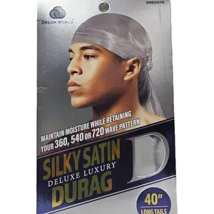 Dream Men Durag Silky Satin Deluxe Luxury Durag Black 40" Long Tails Maintain Moisture 360 540 720 Wave Pattern