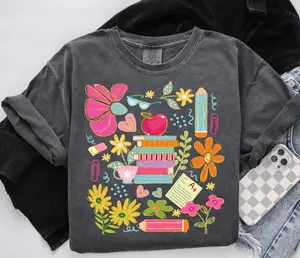 Comfort Colors Women's Short-Sleeve T-Shirt, Soft Cotton Fabric, Cute Bookish Botanical Graphic, Elementary Teacher Day Outfit, Back to School 2025 Gift for Book Lover Educators, Aesthetic Classroom Style, Shortsleeve, Breathable