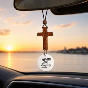 Bible Verse Car Rearview Mirror Hanging Cross Ornament, “I Am With You Always” Matthew 28:20 Car Mirror Cross Charm, Wooden Cross Car Hanging Decor, Christian Car Accessories for Rear View Mirror