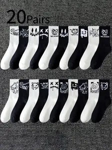 20 Pairs Ghost Face Graffiti Mid-Calf Socks, Trendy Fun Emotional Crew Socks, Unique Style, All Seasons