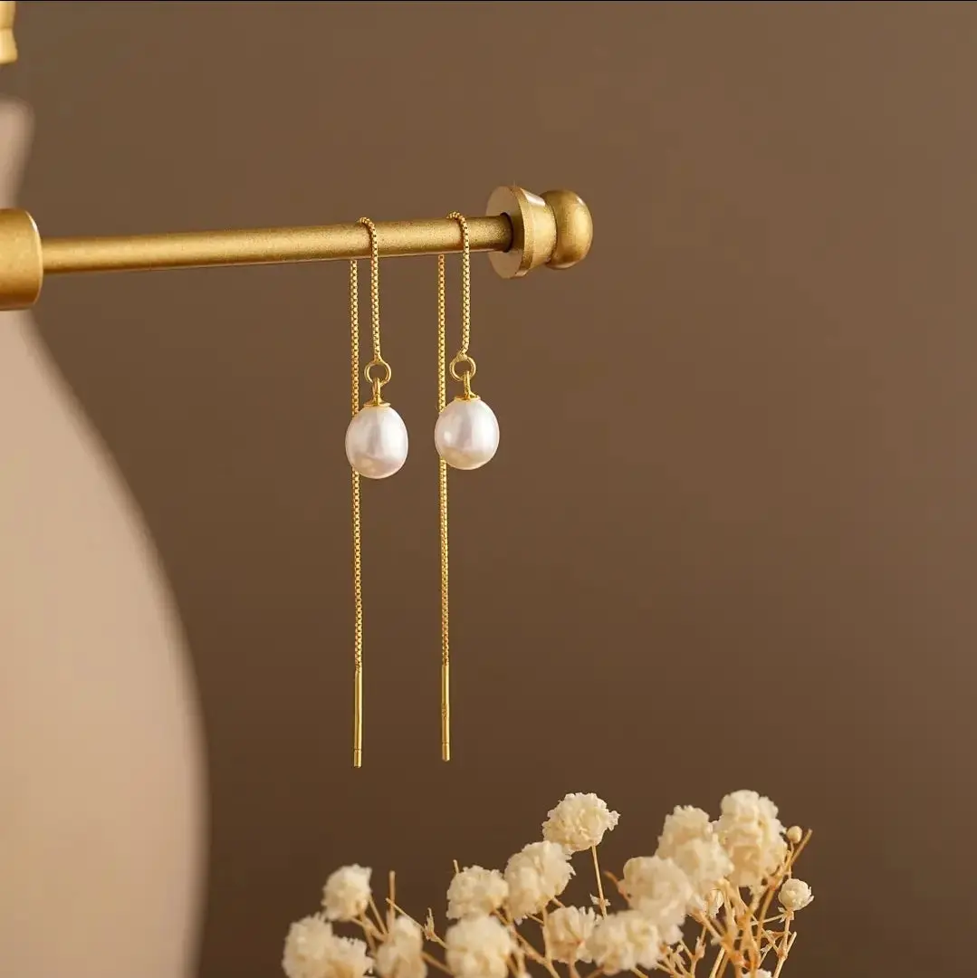 Freshwater Pearl Threader Gold Earrings
