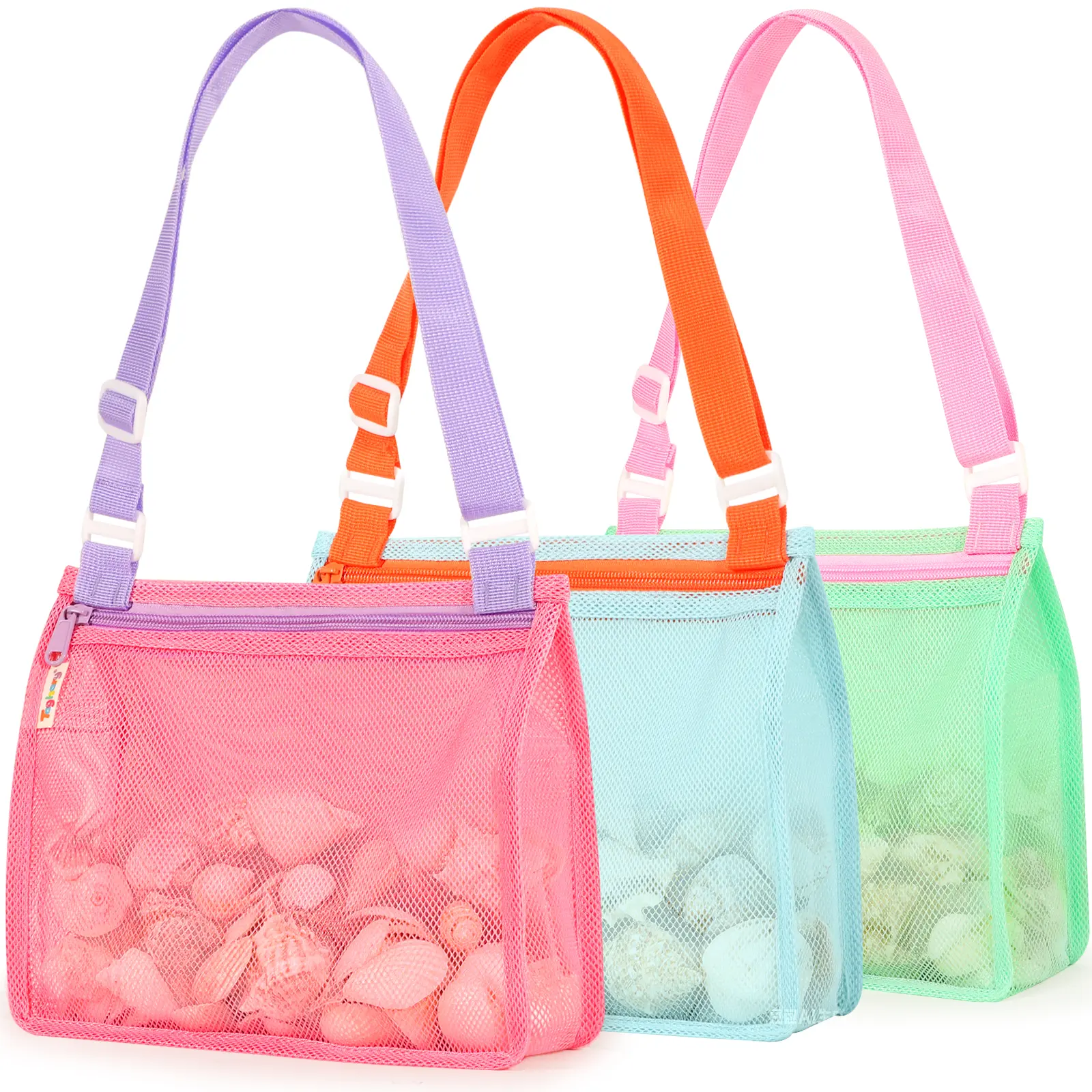 Summerwins Kids Mesh Beach Bag (Set of 3, Bags Only) - Mesh Fabric Shell Hunting & Sand Toy Storage, Quick-Drying Beach Accessory for Boys & Girls, Swimming Pool Water Float Companion