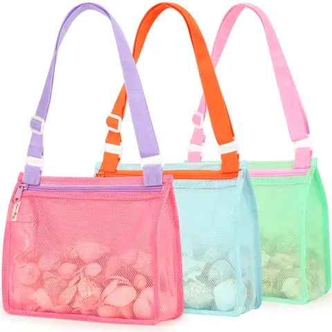 Summerwins Unisex Kids Lightweight Durable Quick-Dry Netted Mesh Beach Bag Set (3 Bags Only, Orange+Green+Blue) - Adjustable Straps, Expandable Bottom, BPA-Free, Shell-Collect Ready Swimming Pool Organiser