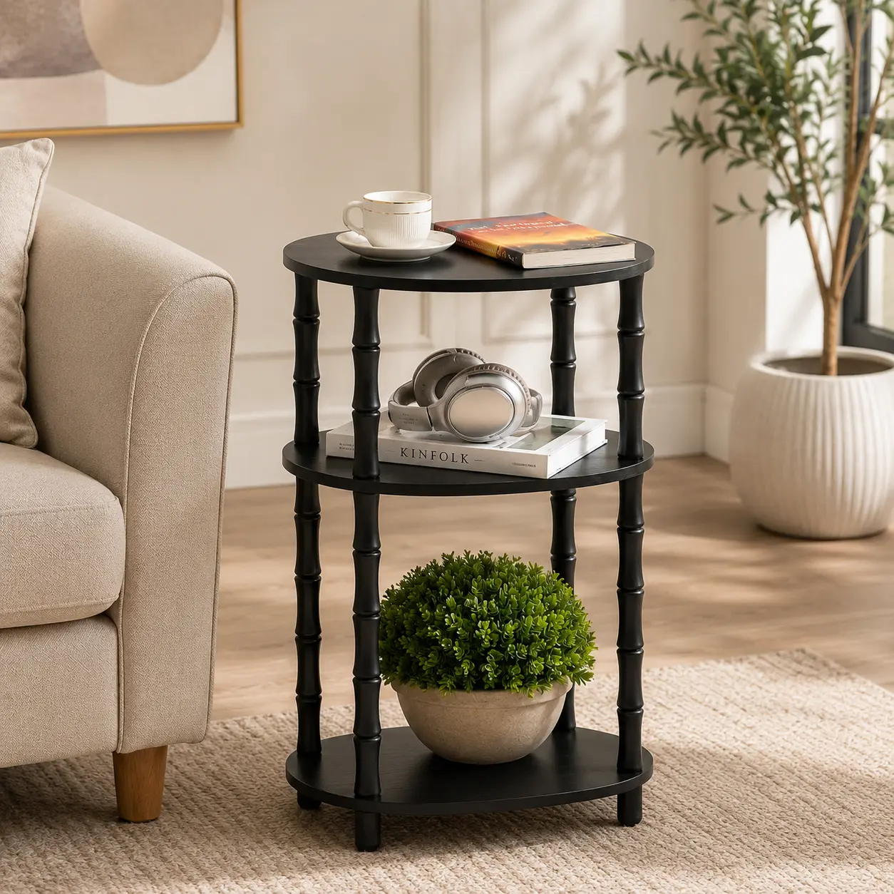 3-Tier Black Round Side Table (15.7"×11.6"×24.4") Fultyle Side Table Small End Table with Storage Shelf Modern Bedside coffee Table Night Stand for Living Room Bedroom Office and Small Spaces