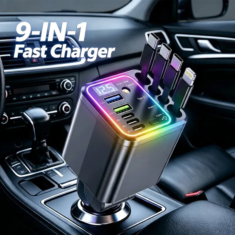 120W Retractable Car Charger, 9-in-1 Fast Charging Station with 4 Built-in Cables & Star Projector, RGB Ambient Light,LED Voltage Display, Multi-Plug Car Accessories for iPhone & Android, Essential Road Trip Organizer