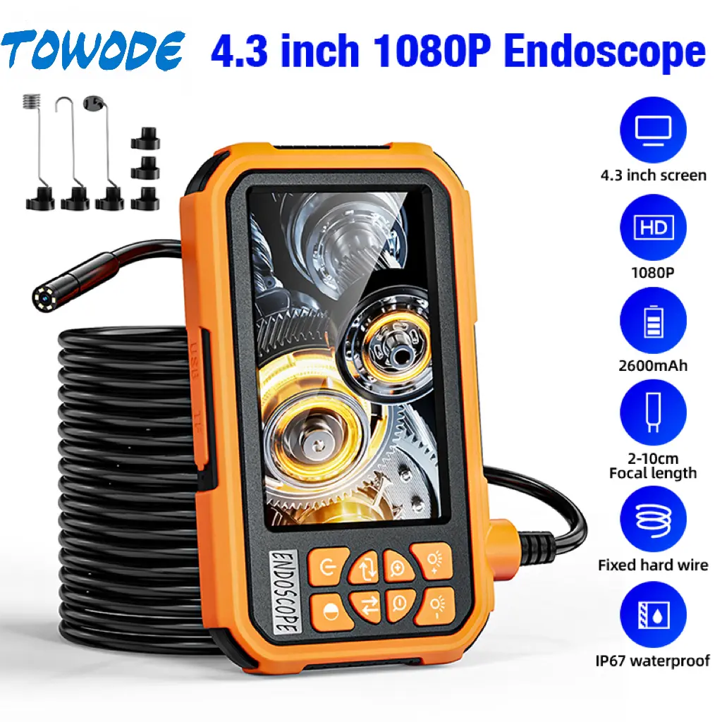 TOWODE 4.3 Inch 1080P Endoscope with 2600mAh Battery,   automotive Inspection Tool  2-10cm Focal Length, Fixed Hard Wire, IP67 Waterproof, HD Screen