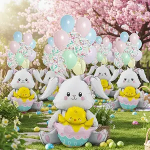 15pcs/set 4D Giant Desktop Rabbit Aluminum Foil Balloons, Easter Bunny Holding Chick Decorations, 93cm Height, Latex & Ice Cream Paper Balloons, Balloon Party Supplies