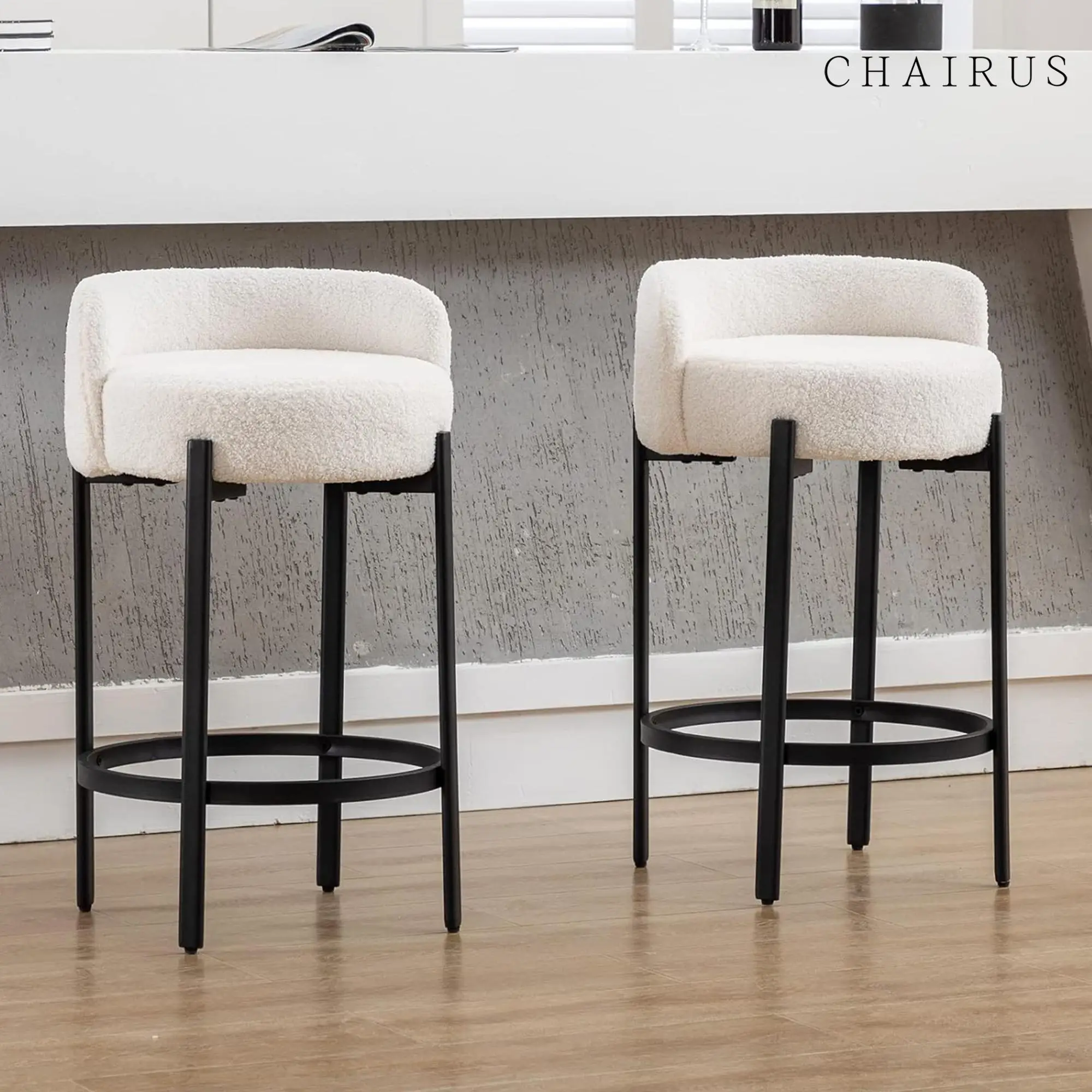 CHAIRUS Counter Height Bar Stools Set of 2, Modern 26" Sherpa Fabric Round Barstools,Upholstered Counter Stools with Black Metal Legs and Footrest, B