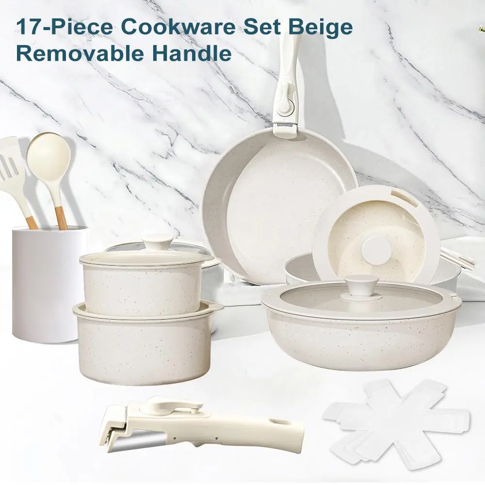 17Pcs MDHAND Nonstick Cookware Set With Detachable Handles, Stackable Pots And Pans Set For RV Kitchen And Home, Induction Ready, Oven & Dishwasher Safe, Effortlessly Allows Frying, Stir-Frying, Stewing & Boiling Maifan Stone Non-Stick Kitchen Cooking Set