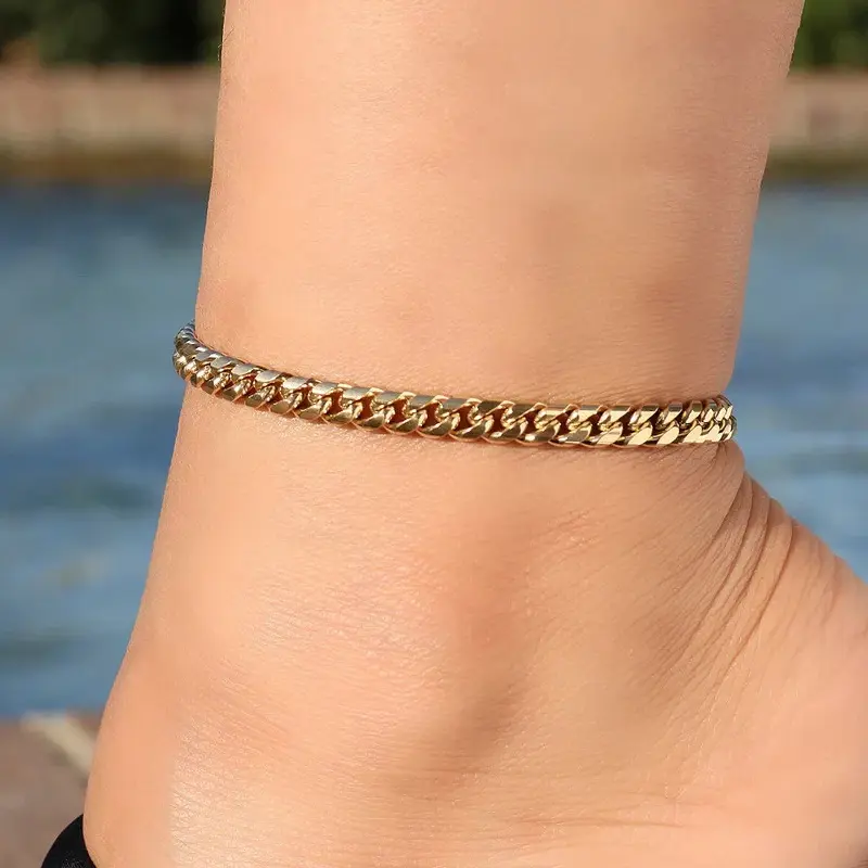 MaxBling81 Women's 14K Gold Finished Brass Cuban Chain Anklet, 5mm 10" 14K Stamped Gold Plated Bracelet, Korean-Made Fashion Costume Jewelry