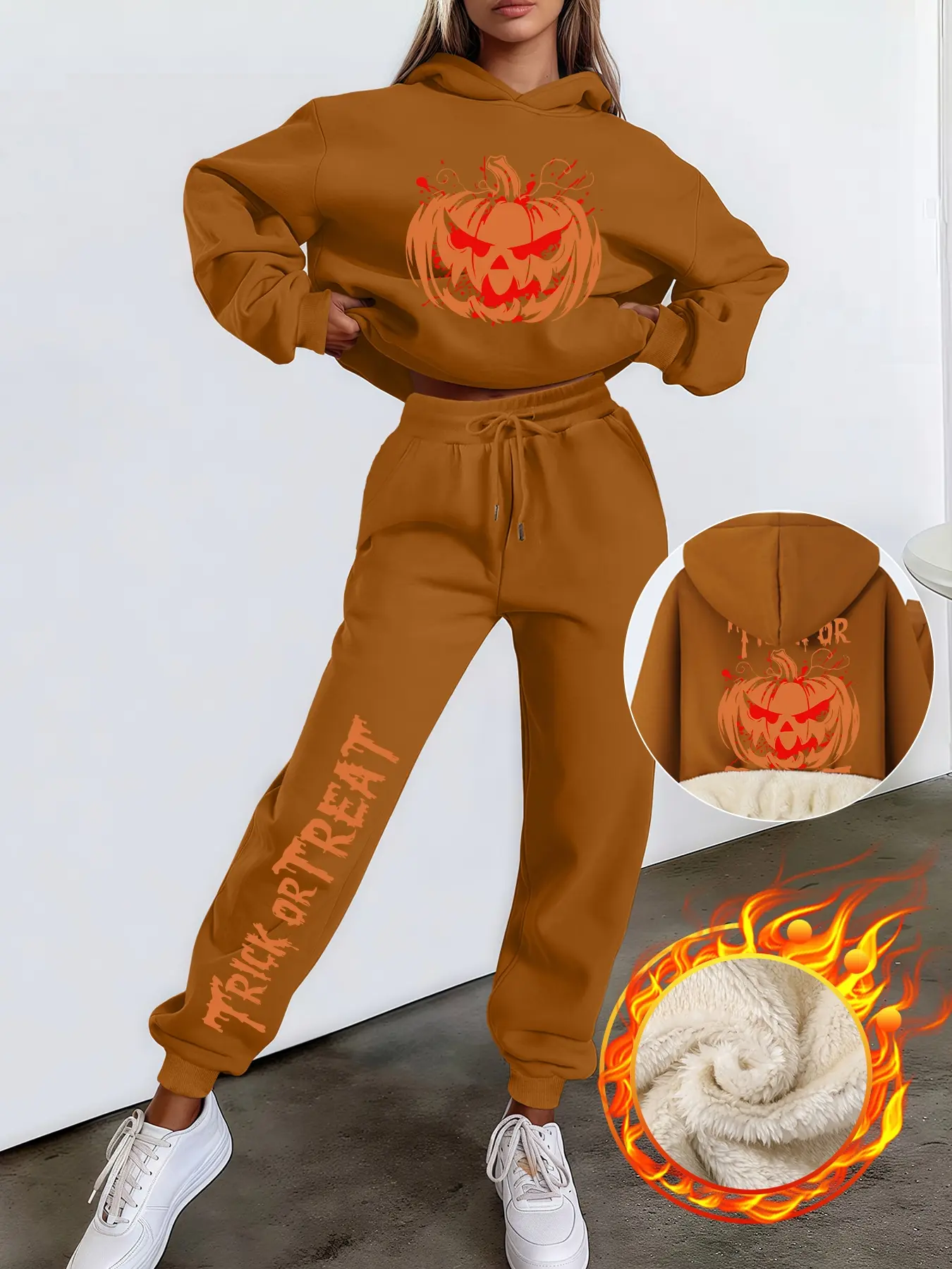 Women's Casual Hooded Sweatshirt Set, Thick Fleece Lined Long Sleeve Pants, Halloween Pumpkin Print, Fall & Winter