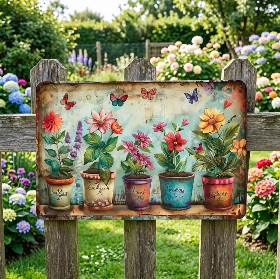 Retro Vintage Bohemian Metal Tin Sign Wall Decoration - Rustic Potted Plants & Colorful Flowers Design, Durable Waterproof Iron, 12x8 in, Pre-Drilled Holes for Easy Hanging, Room Home Office Decor