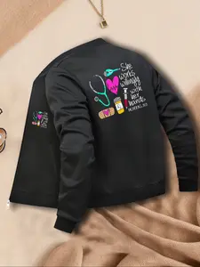 Women's Casual Zipper Jacket, She Works Willingly Print, Fitted Style, All Seasons Wear, Fashionable Ladies Outerwear