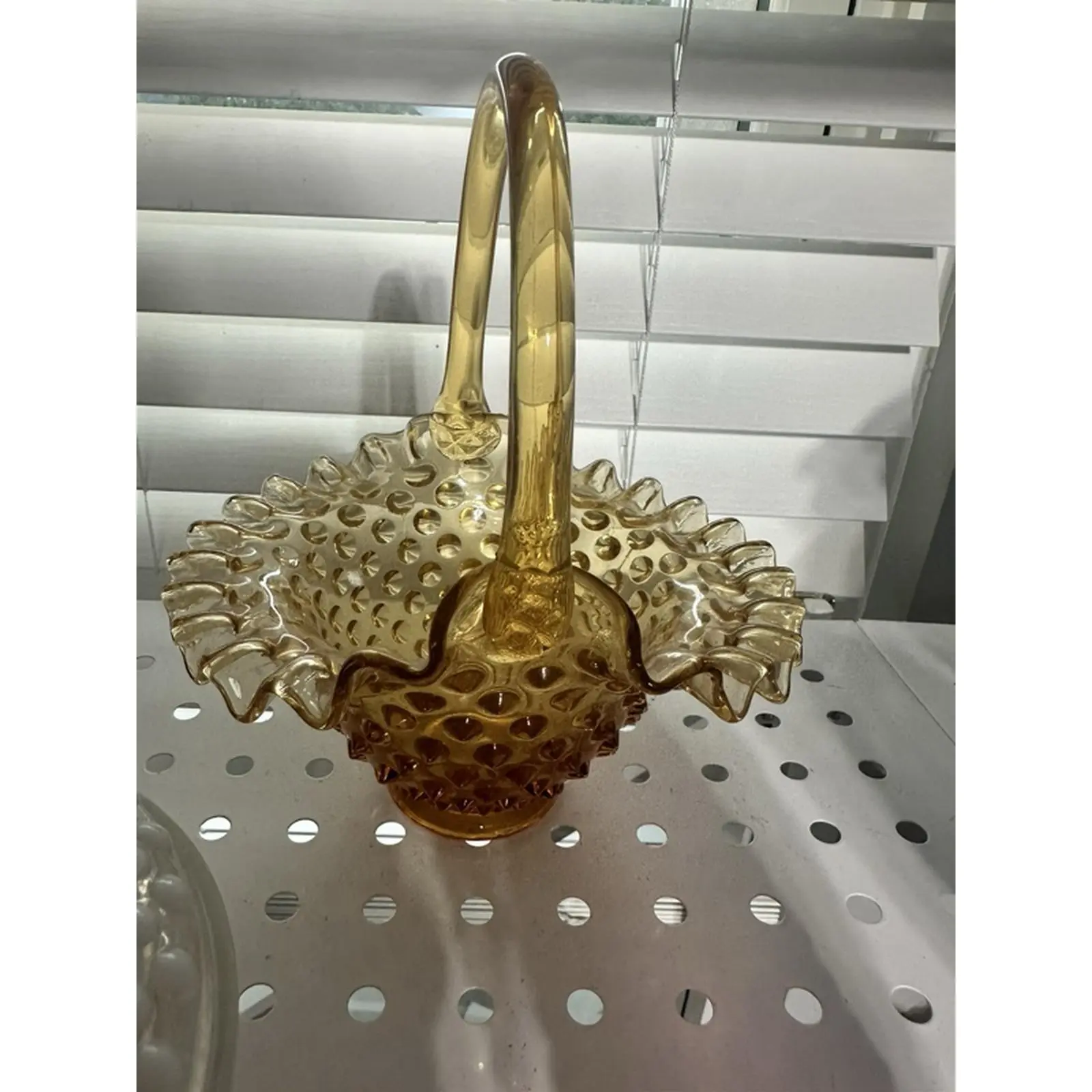 Amber Glass Basket with Intricate hobnail  Design and Elegant Handle for Decorative Use