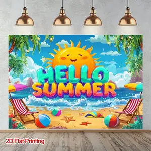 2D Flat Banner Polyester Photography Backdrop, HD Digitally Printed Soft Lightweight Foldable Background Cloth, Summer Beach Scene with Smiling Sun, Palm Trees, and "Hello Summer" Text, for Summer Party Decor, Birthday Photos, Vid