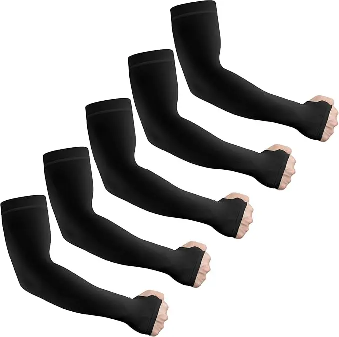 5 Pairs Cooling Arm Sleeves with Thumb Holes, Unisex UPF 50+ Sun Protection, 1 Size Fits All Nylon Blend for Cycling, Boating & Fitness, One Size Fits All