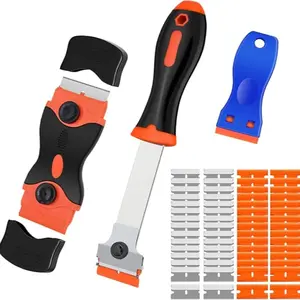 Razor Blade Scraper Tool Set, 3 Pieces with 50 Plastic & 30 Metal Blades, Cleaning Razor for Labels, Stickers, Glass, Appliances