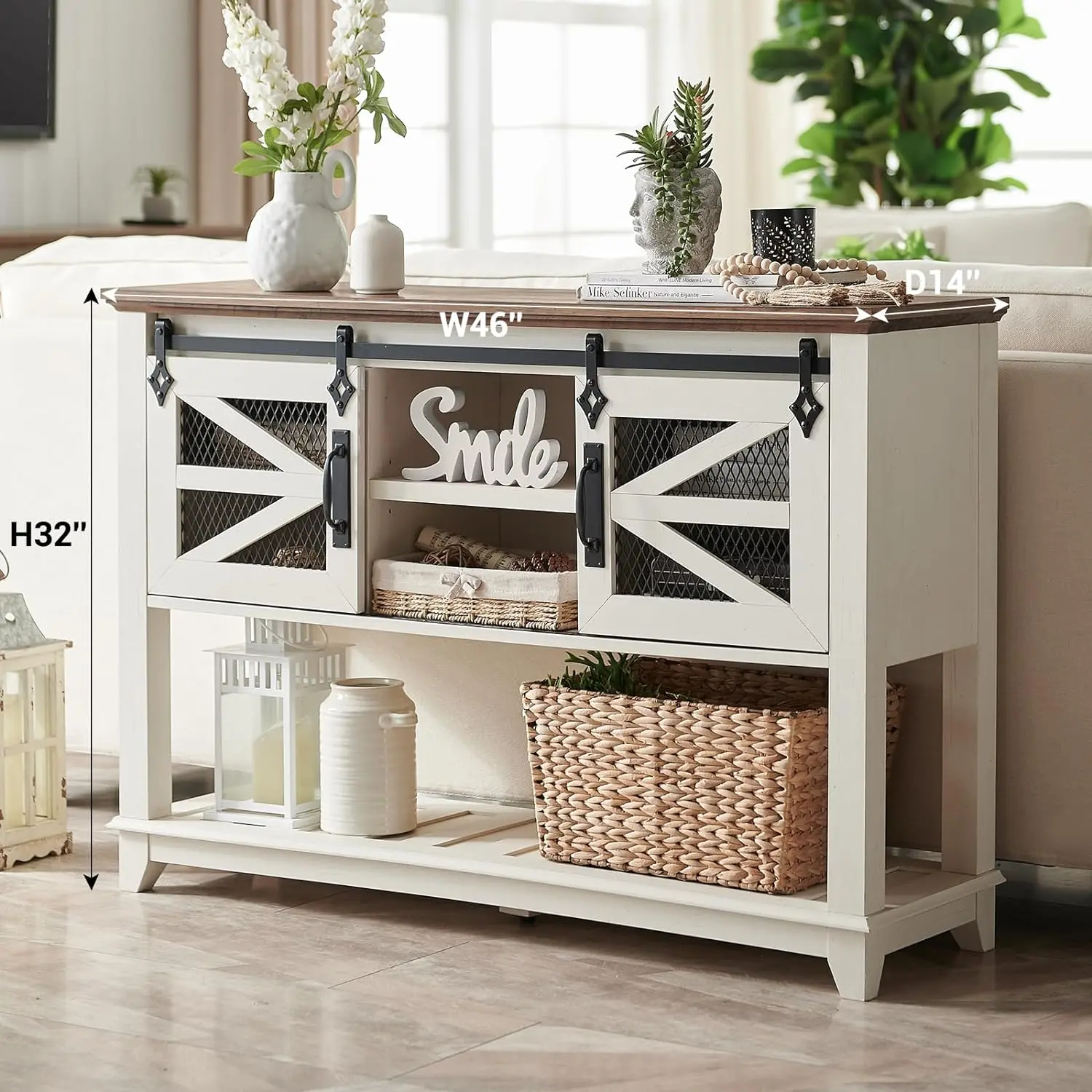 OKD 46'' Farmhouse Industrial Rustic Entryway Console Table with Sliding Barn Doors, Adjustable Open Shelf, Freestanding Storage Cabinet, Farmhouse Buffet Cabinet for Entry Way, Living Room, Antique White, Farmhouse Buffet Cabinets