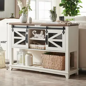 OKD Entryway Table w/Sliding Barn Doors, 46'' Farmhouse & Industrial Rustic Console Sofa Table with Storage, w/Adjustable & Open Shelf for Entry Way, Hallway, Living Room, Antique White