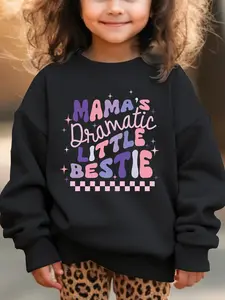 Girls' Cotton Crewneck Sweatshirt, Loose Fit Pullover with "Mama's Dramatic Little Bestie" Checkered Graphic, Kids' Casual Long-Sleeve Top